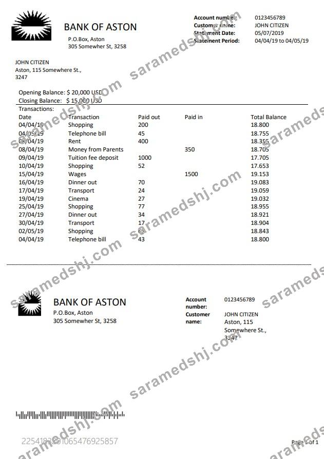 United Kingdom Bank of Aston bank statement template in Word and PDF format, good for address prove